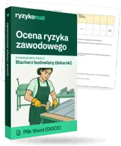Pudełko dokumentu „Ocena ryzyka zawodowego” ze znakiem Ryzykomat i napisem „Plik Word (DOCX)” na froncie, ilustracja stanowiska „Blacharz budowlany (dekarski)”; zza pudełka wystaje strona prawdziwego dokumentu z rozmytą treścią