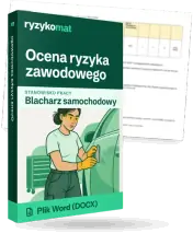 Pudełko dokumentu „Ocena ryzyka zawodowego” ze znakiem Ryzykomat i napisem „Plik Word (DOCX)” na froncie, ilustracja stanowiska „Blacharz samochodowy”; zza pudełka wystaje strona prawdziwego dokumentu z rozmytą treścią