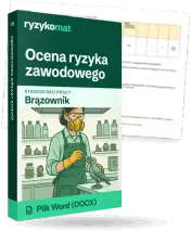 Pudełko dokumentu „Ocena ryzyka zawodowego” ze znakiem Ryzykomat i napisem „Plik Word (DOCX)” na froncie, ilustracja stanowiska „Brązownik”; zza pudełka wystaje strona prawdziwego dokumentu z rozmytą treścią