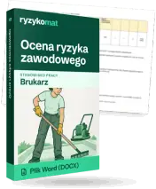 Pudełko dokumentu „Ocena ryzyka zawodowego” ze znakiem Ryzykomat i napisem „Plik Word (DOCX)” na froncie, ilustracja stanowiska „Brukarz”; zza pudełka wystaje strona prawdziwego dokumentu z rozmytą treścią