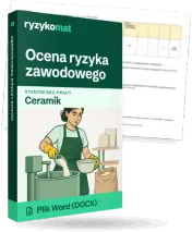 Pudełko dokumentu „Ocena ryzyka zawodowego” ze znakiem Ryzykomat i napisem „Plik Word (DOCX)” na froncie, ilustracja stanowiska „Ceramik”; zza pudełka wystaje strona prawdziwego dokumentu z rozmytą treścią