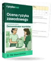 Pudełko dokumentu „Ocena ryzyka zawodowego” ze znakiem Ryzykomat i napisem „Plik Word (DOCX)” na froncie, ilustracja stanowiska „Demonstrator wyrobów”; zza pudełka wystaje strona prawdziwego dokumentu z rozmytą treścią