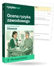 Pudełko dokumentu „Ocena ryzyka zawodowego” ze znakiem Ryzykomat i napisem „Plik Word (DOCX)” na froncie, ilustracja stanowiska „Dietetyk”; zza pudełka wystaje strona prawdziwego dokumentu z rozmytą treścią