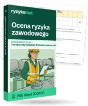 Pudełko dokumentu „Ocena ryzyka zawodowego” ze znakiem Ryzykomat i napisem „Plik Word (DOCX)” na froncie, ilustracja stanowiska „Doradca RID (kolejowy przewóz towarów niebezpiecznych)”; zza pudełka wystaje strona prawdziwego dokumentu z rozmytą treścią