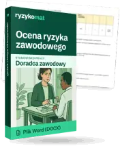 Pudełko dokumentu „Ocena ryzyka zawodowego” ze znakiem Ryzykomat i napisem „Plik Word (DOCX)” na froncie, ilustracja stanowiska „Doradca zawodowy”; zza pudełka wystaje strona prawdziwego dokumentu z rozmytą treścią