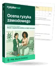 Pudełko dokumentu „Ocena ryzyka zawodowego” ze znakiem Ryzykomat i napisem „Plik Word (DOCX)” na froncie, ilustracja stanowiska „Doula / asystentka kobiety w ciąży i przy porodzie”; zza pudełka wystaje strona prawdziwego dokumentu z rozmytą treścią