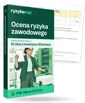 Pudełko dokumentu „Ocena ryzyka zawodowego” ze znakiem Ryzykomat i napisem „Plik Word (DOCX)” na froncie, ilustracja stanowiska „Drukarz (maszyny offsetowe)”; zza pudełka wystaje strona prawdziwego dokumentu z rozmytą treścią