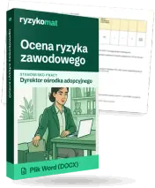 Pudełko dokumentu „Ocena ryzyka zawodowego” ze znakiem Ryzykomat i napisem „Plik Word (DOCX)” na froncie, ilustracja stanowiska „Dyrektor ośrodka adopcyjnego”; zza pudełka wystaje strona prawdziwego dokumentu z rozmytą treścią
