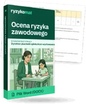 Pudełko dokumentu „Ocena ryzyka zawodowego” ze znakiem Ryzykomat i napisem „Plik Word (DOCX)” na froncie, ilustracja stanowiska „Dyrektor placówki opiekuńczo-wychowawczej”; zza pudełka wystaje strona prawdziwego dokumentu z rozmytą treścią