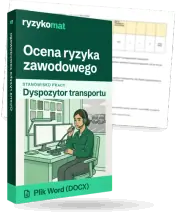 Pudełko dokumentu „Ocena ryzyka zawodowego” ze znakiem Ryzykomat i napisem „Plik Word (DOCX)” na froncie, ilustracja stanowiska „Dyspozytor transportu”; zza pudełka wystaje strona prawdziwego dokumentu z rozmytą treścią