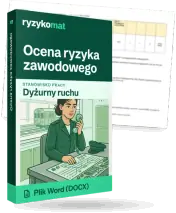 Pudełko dokumentu „Ocena ryzyka zawodowego” ze znakiem Ryzykomat i napisem „Plik Word (DOCX)” na froncie, ilustracja stanowiska „Dyżurny ruchu”; zza pudełka wystaje strona prawdziwego dokumentu z rozmytą treścią