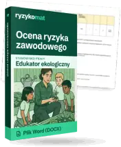 Pudełko dokumentu „Ocena ryzyka zawodowego” ze znakiem Ryzykomat i napisem „Plik Word (DOCX)” na froncie, ilustracja stanowiska „Edukator ekologiczny”; zza pudełka wystaje strona prawdziwego dokumentu z rozmytą treścią