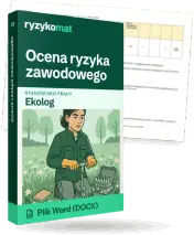 Pudełko dokumentu „Ocena ryzyka zawodowego” ze znakiem Ryzykomat i napisem „Plik Word (DOCX)” na froncie, ilustracja stanowiska „Ekolog”; zza pudełka wystaje strona prawdziwego dokumentu z rozmytą treścią