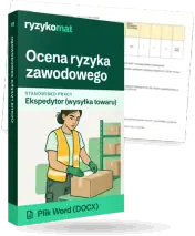 Pudełko dokumentu „Ocena ryzyka zawodowego” ze znakiem Ryzykomat i napisem „Plik Word (DOCX)” na froncie, ilustracja stanowiska „Ekspedytor (wysyłka towaru)”; zza pudełka wystaje strona prawdziwego dokumentu z rozmytą treścią