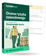 Pudełko dokumentu „Ocena ryzyka zawodowego” ze znakiem Ryzykomat i napisem „Plik Word (DOCX)” na froncie, ilustracja stanowiska „Eksploatator portu”; zza pudełka wystaje strona prawdziwego dokumentu z rozmytą treścią