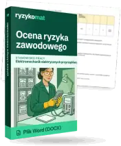 Pudełko dokumentu „Ocena ryzyka zawodowego” ze znakiem Ryzykomat i napisem „Plik Word (DOCX)” na froncie, ilustracja stanowiska „Elektromechanik elektrycznych przyrządów pomiarowych”; zza pudełka wystaje strona prawdziwego dokumentu z rozmytą treścią