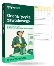 Pudełko dokumentu „Ocena ryzyka zawodowego” ze znakiem Ryzykomat i napisem „Plik Word (DOCX)” na froncie, ilustracja stanowiska „Elektromechanik maszyn elektrycznych”; zza pudełka wystaje strona prawdziwego dokumentu z rozmytą treścią
