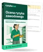 Pudełko dokumentu „Ocena ryzyka zawodowego” ze znakiem Ryzykomat i napisem „Plik Word (DOCX)” na froncie, ilustracja stanowiska „Elektromonter / elektryk zakładowy”; zza pudełka wystaje strona prawdziwego dokumentu z rozmytą treścią