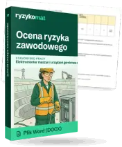 Pudełko dokumentu „Ocena ryzyka zawodowego” ze znakiem Ryzykomat i napisem „Plik Word (DOCX)” na froncie, ilustracja stanowiska „Elektromonter maszyn i urządzeń górnictwa odkrywkowego”; zza pudełka wystaje strona prawdziwego dokumentu z rozmytą treścią