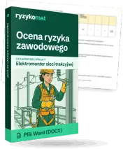 Pudełko dokumentu „Ocena ryzyka zawodowego” ze znakiem Ryzykomat i napisem „Plik Word (DOCX)” na froncie, ilustracja stanowiska „Elektromonter sieci trakcyjnej”; zza pudełka wystaje strona prawdziwego dokumentu z rozmytą treścią