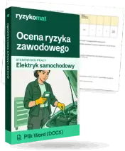 Pudełko dokumentu „Ocena ryzyka zawodowego” ze znakiem Ryzykomat i napisem „Plik Word (DOCX)” na froncie, ilustracja stanowiska „Elektryk samochodowy”; zza pudełka wystaje strona prawdziwego dokumentu z rozmytą treścią