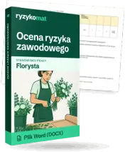 Pudełko dokumentu „Ocena ryzyka zawodowego” ze znakiem Ryzykomat i napisem „Plik Word (DOCX)” na froncie, ilustracja stanowiska „Florysta”; zza pudełka wystaje strona prawdziwego dokumentu z rozmytą treścią