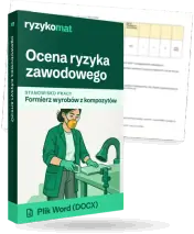 Pudełko dokumentu „Ocena ryzyka zawodowego” ze znakiem Ryzykomat i napisem „Plik Word (DOCX)” na froncie, ilustracja stanowiska „Formierz wyrobów z kompozytów”; zza pudełka wystaje strona prawdziwego dokumentu z rozmytą treścią