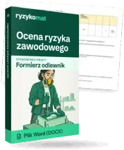 Pudełko dokumentu „Ocena ryzyka zawodowego” ze znakiem Ryzykomat i napisem „Plik Word (DOCX)” na froncie, ilustracja stanowiska „Formierz odlewnik”; zza pudełka wystaje strona prawdziwego dokumentu z rozmytą treścią