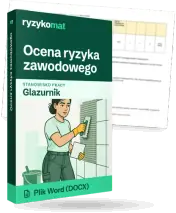 Pudełko dokumentu „Ocena ryzyka zawodowego” ze znakiem Ryzykomat i napisem „Plik Word (DOCX)” na froncie, ilustracja stanowiska „Glazurnik”; zza pudełka wystaje strona prawdziwego dokumentu z rozmytą treścią