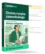 Pudełko dokumentu „Ocena ryzyka zawodowego” ze znakiem Ryzykomat i napisem „Plik Word (DOCX)” na froncie, ilustracja stanowiska „Główny księgowy”; zza pudełka wystaje strona prawdziwego dokumentu z rozmytą treścią
