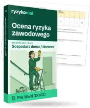 Pudełko dokumentu „Ocena ryzyka zawodowego” ze znakiem Ryzykomat i napisem „Plik Word (DOCX)” na froncie, ilustracja stanowiska „Gospodarz domu / dozorca”; zza pudełka wystaje strona prawdziwego dokumentu z rozmytą treścią