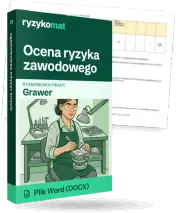 Pudełko dokumentu „Ocena ryzyka zawodowego” ze znakiem Ryzykomat i napisem „Plik Word (DOCX)” na froncie, ilustracja stanowiska „Grawer”; zza pudełka wystaje strona prawdziwego dokumentu z rozmytą treścią