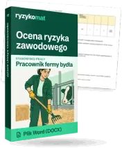 Pudełko dokumentu „Ocena ryzyka zawodowego” ze znakiem Ryzykomat i napisem „Plik Word (DOCX)” na froncie, ilustracja stanowiska „Pracownik fermy bydła”; zza pudełka wystaje strona prawdziwego dokumentu z rozmytą treścią