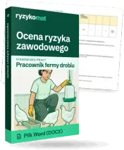 Pudełko dokumentu „Ocena ryzyka zawodowego” ze znakiem Ryzykomat i napisem „Plik Word (DOCX)” na froncie, ilustracja stanowiska „Pracownik fermy drobiu”; zza pudełka wystaje strona prawdziwego dokumentu z rozmytą treścią