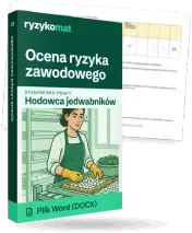 Pudełko dokumentu „Ocena ryzyka zawodowego” ze znakiem Ryzykomat i napisem „Plik Word (DOCX)” na froncie, ilustracja stanowiska „Hodowca jedwabników”; zza pudełka wystaje strona prawdziwego dokumentu z rozmytą treścią