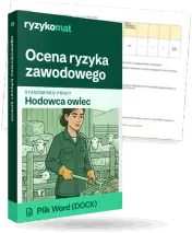 Pudełko dokumentu „Ocena ryzyka zawodowego” ze znakiem Ryzykomat i napisem „Plik Word (DOCX)” na froncie, ilustracja stanowiska „Hodowca owiec”; zza pudełka wystaje strona prawdziwego dokumentu z rozmytą treścią