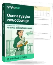 Pudełko dokumentu „Ocena ryzyka zawodowego” ze znakiem Ryzykomat i napisem „Plik Word (DOCX)” na froncie, ilustracja stanowiska „Hodowca zwierząt domowych”; zza pudełka wystaje strona prawdziwego dokumentu z rozmytą treścią