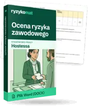 Pudełko dokumentu „Ocena ryzyka zawodowego” ze znakiem Ryzykomat i napisem „Plik Word (DOCX)” na froncie, ilustracja stanowiska „Hostessa”; zza pudełka wystaje strona prawdziwego dokumentu z rozmytą treścią