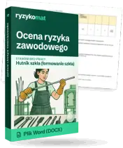 Pudełko dokumentu „Ocena ryzyka zawodowego” ze znakiem Ryzykomat i napisem „Plik Word (DOCX)” na froncie, ilustracja stanowiska „Hutnik szkła (formowanie szkła)”; zza pudełka wystaje strona prawdziwego dokumentu z rozmytą treścią
