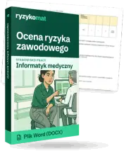 Pudełko dokumentu „Ocena ryzyka zawodowego” ze znakiem Ryzykomat i napisem „Plik Word (DOCX)” na froncie, ilustracja stanowiska „Informatyk medyczny”; zza pudełka wystaje strona prawdziwego dokumentu z rozmytą treścią