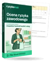 Pudełko dokumentu „Ocena ryzyka zawodowego” ze znakiem Ryzykomat i napisem „Plik Word (DOCX)” na froncie, ilustracja stanowiska „Inspektor kontroli handlu i usług”; zza pudełka wystaje strona prawdziwego dokumentu z rozmytą treścią