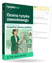 Pudełko dokumentu „Ocena ryzyka zawodowego” ze znakiem Ryzykomat i napisem „Plik Word (DOCX)” na froncie, ilustracja stanowiska „Inspektor obrony cywilnej”; zza pudełka wystaje strona prawdziwego dokumentu z rozmytą treścią
