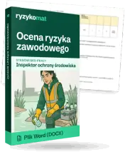 Pudełko dokumentu „Ocena ryzyka zawodowego” ze znakiem Ryzykomat i napisem „Plik Word (DOCX)” na froncie, ilustracja stanowiska „Inspektor ochrony środowiska”; zza pudełka wystaje strona prawdziwego dokumentu z rozmytą treścią