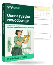 Pudełko dokumentu „Ocena ryzyka zawodowego” ze znakiem Ryzykomat i napisem „Plik Word (DOCX)” na froncie, ilustracja stanowiska „Instalator systemów alarmowych i monitoringu”; zza pudełka wystaje strona prawdziwego dokumentu z rozmytą treścią