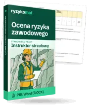 Pudełko dokumentu „Ocena ryzyka zawodowego” ze znakiem Ryzykomat i napisem „Plik Word (DOCX)” na froncie, ilustracja stanowiska „Instruktor strzałowy”; zza pudełka wystaje strona prawdziwego dokumentu z rozmytą treścią