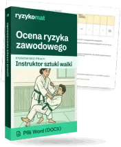 Pudełko dokumentu „Ocena ryzyka zawodowego” ze znakiem Ryzykomat i napisem „Plik Word (DOCX)” na froncie, ilustracja stanowiska „Instruktor sztuki walki”; zza pudełka wystaje strona prawdziwego dokumentu z rozmytą treścią