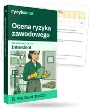 Pudełko dokumentu „Ocena ryzyka zawodowego” ze znakiem Ryzykomat i napisem „Plik Word (DOCX)” na froncie, ilustracja stanowiska „Intendent”; zza pudełka wystaje strona prawdziwego dokumentu z rozmytą treścią