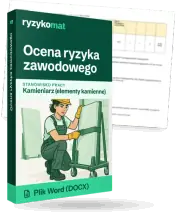 Pudełko dokumentu „Ocena ryzyka zawodowego” ze znakiem Ryzykomat i napisem „Plik Word (DOCX)” na froncie, ilustracja stanowiska „Kamieniarz (elementy kamienne)”; zza pudełka wystaje strona prawdziwego dokumentu z rozmytą treścią