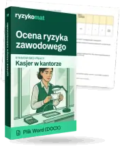 Pudełko dokumentu „Ocena ryzyka zawodowego” ze znakiem Ryzykomat i napisem „Plik Word (DOCX)” na froncie, ilustracja stanowiska „Kasjer w kantorze”; zza pudełka wystaje strona prawdziwego dokumentu z rozmytą treścią