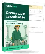 Pudełko dokumentu „Ocena ryzyka zawodowego” ze znakiem Ryzykomat i napisem „Plik Word (DOCX)” na froncie, ilustracja stanowiska „Kaskader filmowy”; zza pudełka wystaje strona prawdziwego dokumentu z rozmytą treścią